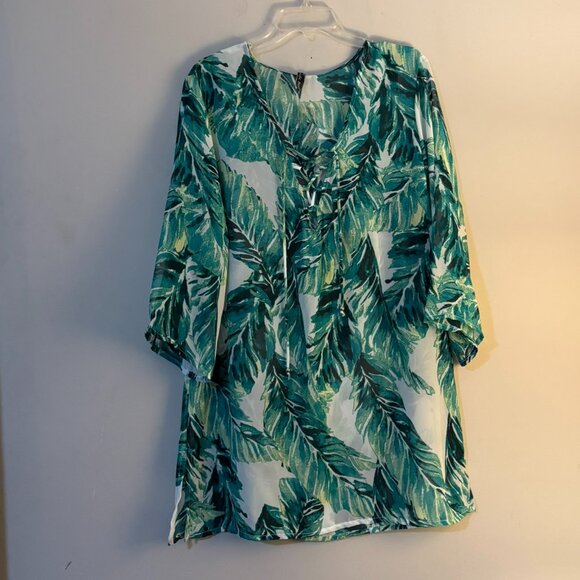Pacific Beach Green White Tropical Beach Sheer Swim Swimsuit Coverup Dress Sheer - Picture 1 of 4